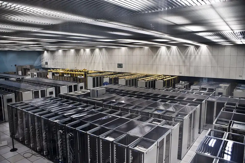 Rows of server racks in a data centre server room